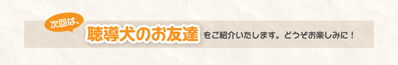 次回は、聴導犬のお友達をご紹介いたします。どうぞお楽しみに！