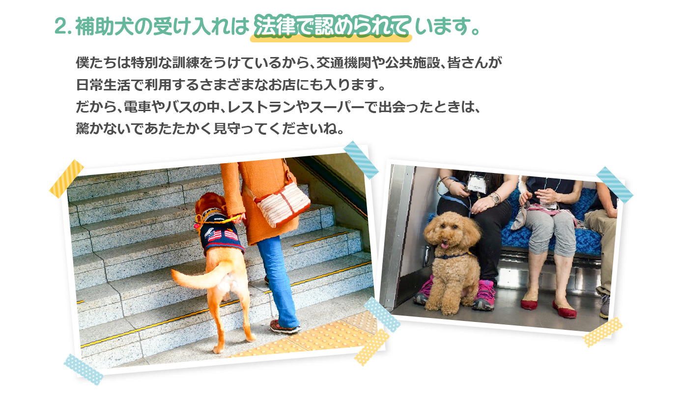 補助犬の受け入れは法律で認められています。