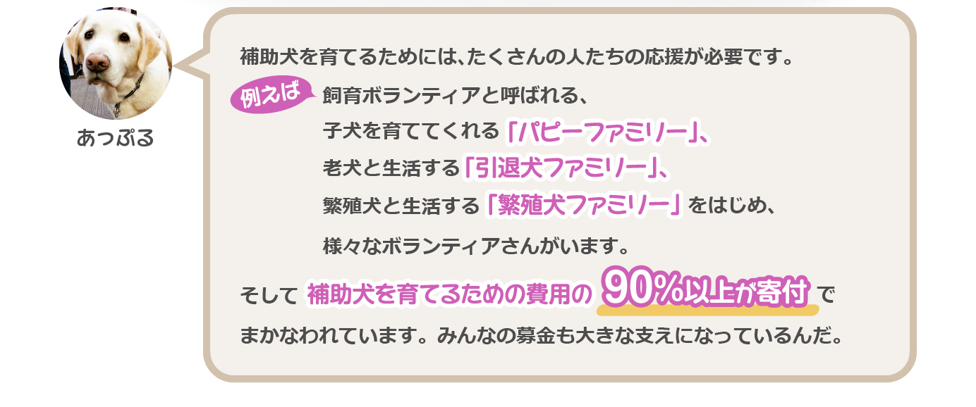 補助犬を育てるためには、たくさんの人たちの応援が必要です。