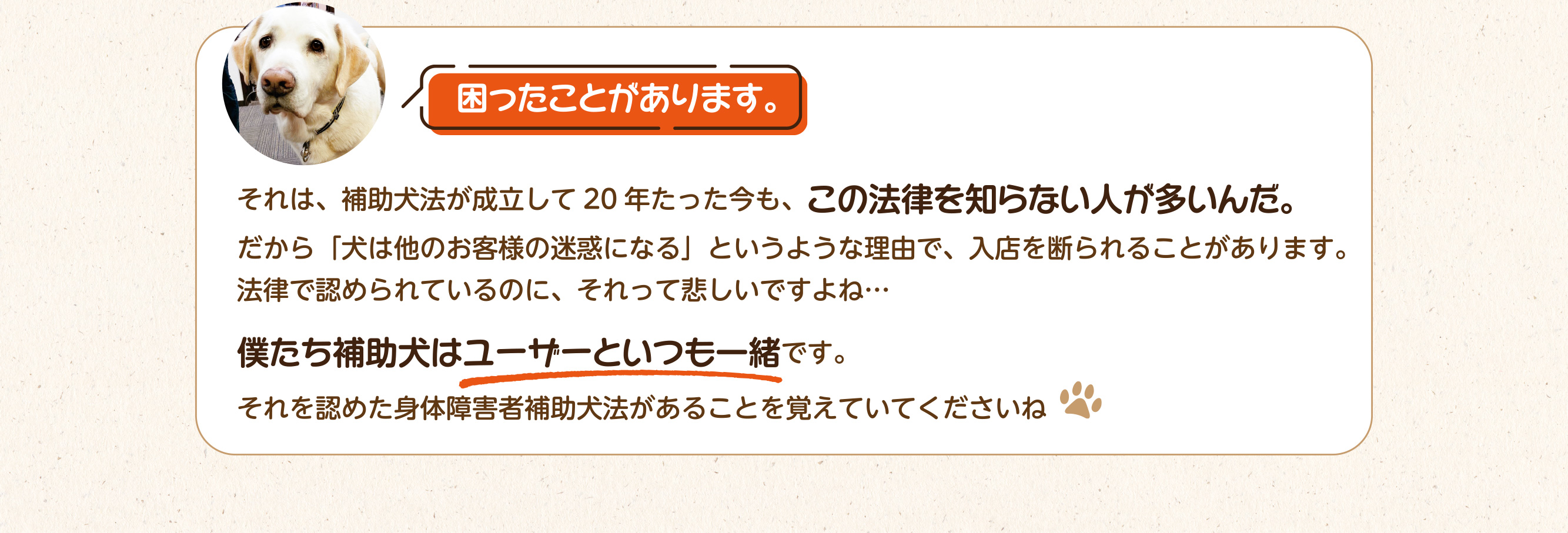困ったことがあります。それは、補助犬法が成立して20年たった今も、この法律を知らない人が多いんだ。だから「犬は他のお客様の迷惑になる」というような理由で、入店を断られることがあります。法律で認められているのに、それって悲しいですよね…　僕たち補助犬はユーザーといつも一緒です。それを認めた身体障害者補助犬法があることを覚えていてくださいね。