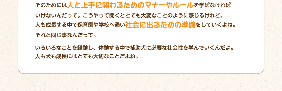 そのためには人と上手に関わるためのマナーやルールを学ばなければいけないんだって。こうやって聞くととても大変なことのように感じるけれど、人も成長する中で保育園や学校へ通い社会に出るための準備をしていくよね。それと同じ事なんだって。いろいろなことを経験し、体験する中で補助犬に必要な社会性を学んでいくんだよ。人も犬も成長にはとても大切なことだよね。
